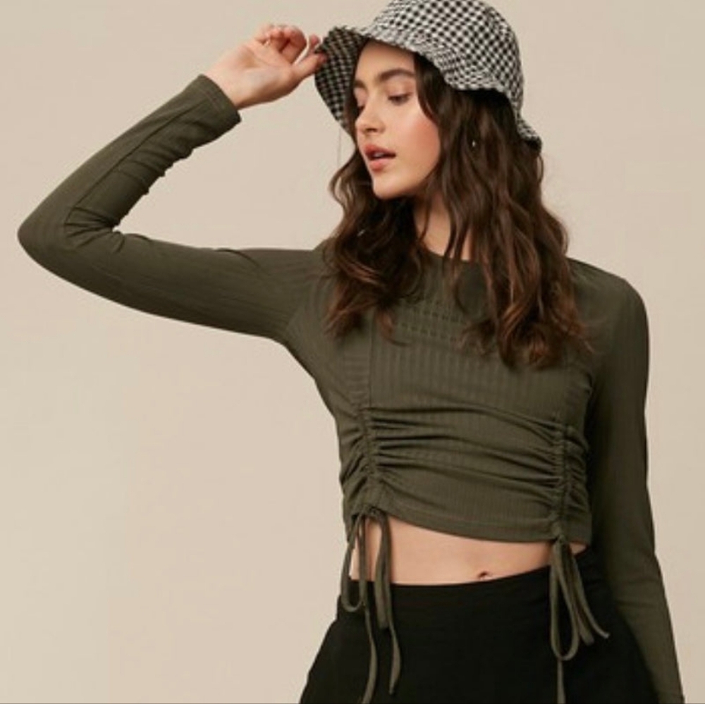 One Teaspoon Black Long Sleeve Ruched Top